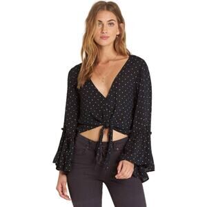Billabong Lust Wild Blouse Top Flared Sleeve Black Polka Dot Button Down Tie L